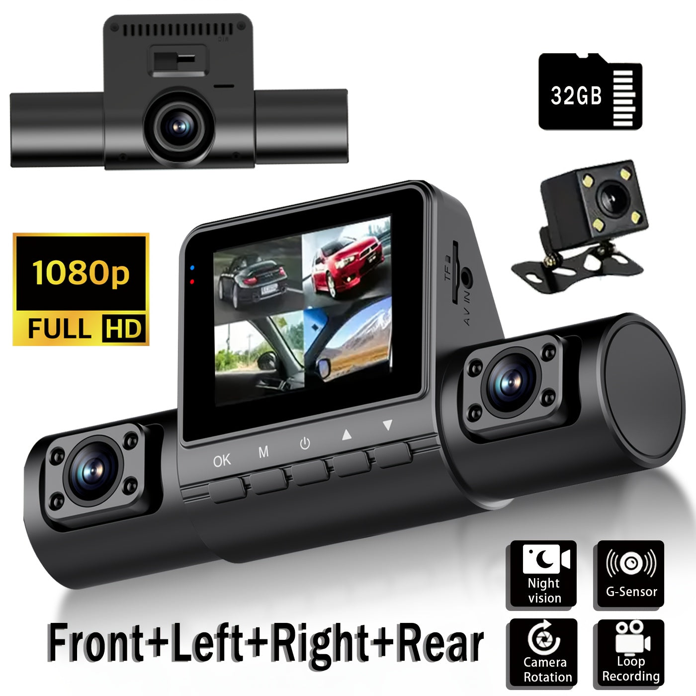 4-Channel 360° Panoramic Dash Camreas 1080P HD Dash Cam Comes With 32GB TF Card